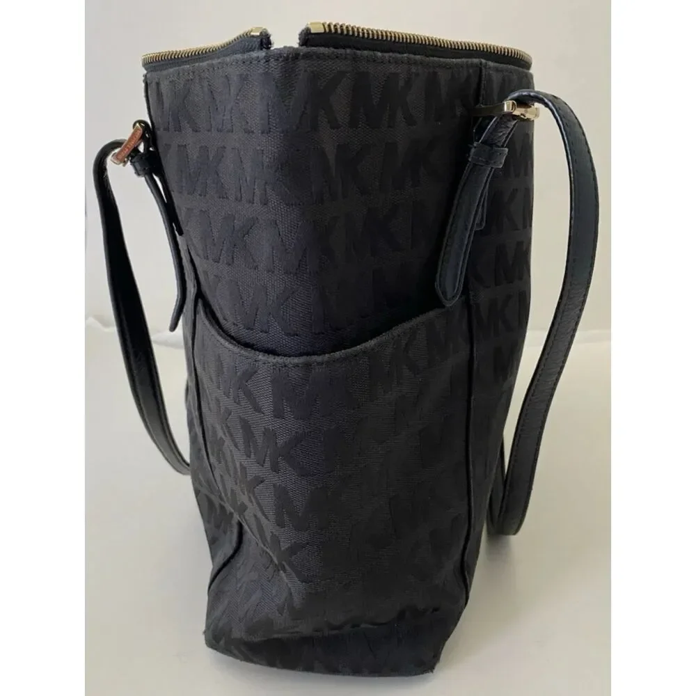 Michael Kors Jet Set Black Signature MK Tote Handbag Shoulder Purse Bag